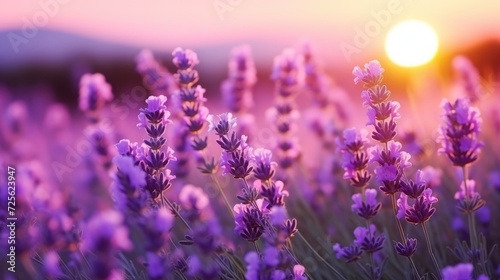 Beautiful natural background. Blooming purple lavender in field at sunset close-up. Lavender sprigs  fragrant flowers  ingredient for making perfumes and cosmetics. Aromatherapy