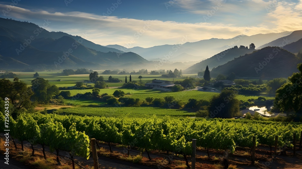 panoramic view of vineyard and mountains in the morning light