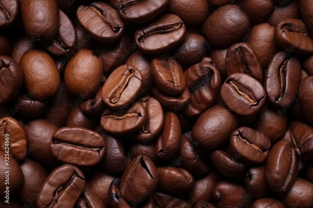 Obraz premium Coffee background. Coffee beans close-up, top view. Coffee texture. Ingredient for preparing a flavored drink. Dark background for design