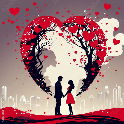 Indulge in the essence of romance with this captivating vector banner, portraying a couple's silhouette amidst floating hearts. Perfect for Valentine's Day promotions, the red background exudes passio photo