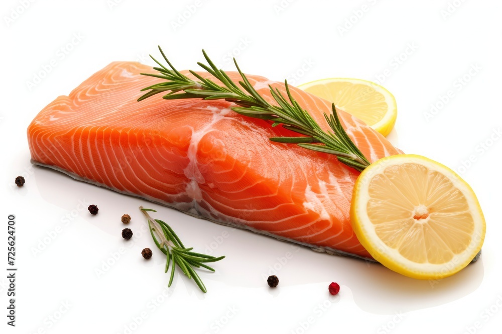 Fresh fillet of salmon, trout, red fish with slice of lemon, rosemary, black pepper on white background. Healthy food, source of omega 3, object for design and advertising Fresh fillet of salmon, trout, red fish with slice of lemon, rosemary, black pepper on white background. Healthy food, source of omega 3, object for design and advertising