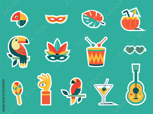 Happy Carnival  colorful geometric stickers. Rio Carnival set in retro style with mask  garland  toucan  drum  guitar  cocktail glass. Vector Party Elements. Brazilian Rhythm  Dance and Music