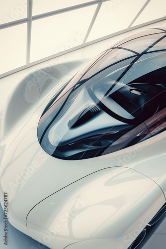Studio shot, close-up of futuristic and innovative white smooth flowing metallic electric hypercar, supercar, sports car, inside. High-end shot, shadow play, sustainable car design