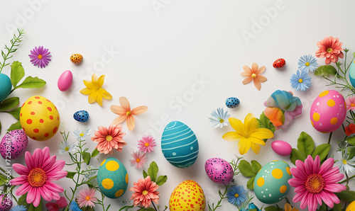 Painted Easter eggs and quail eggs on white background.