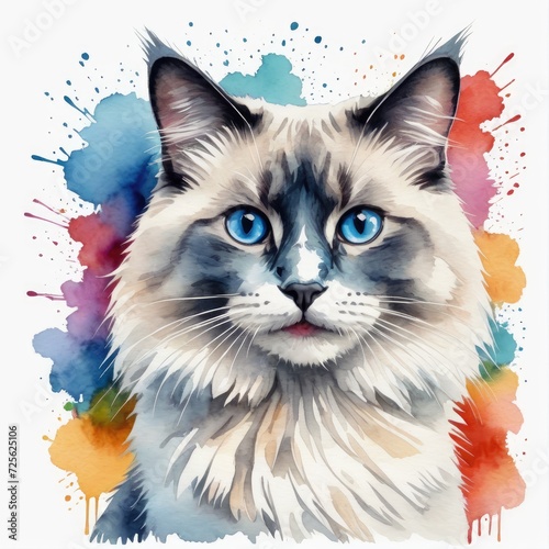 Watercolor blue point ragdoll cat with watercolor splashes