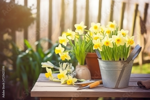 Spring gardening, gardening tools and flowers in the garden