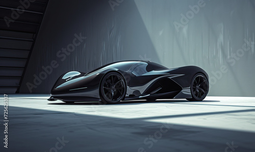 Studio photography, futuristic smooth flowing hyperbolic paraboloid electric black hypercar, supercar, sports car, inside. High-end shot, afternoon, sunny, clear sky, juxtaposition of light and shadow