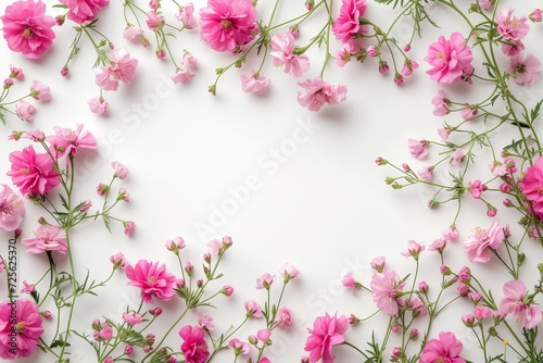 Pastel pink flowers against a plain white background. Colorful floral card template background. 