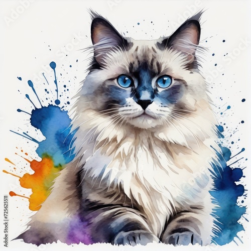 Watercolor blue point ragdoll cat with watercolor splashes