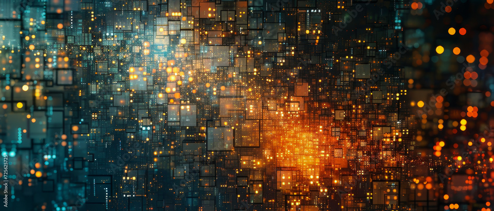 Obraz premium Optical fiber abstract art of blue and orange light waves. 