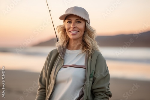 Portrait of happy woman with fishing rod on the beach at sunset photo