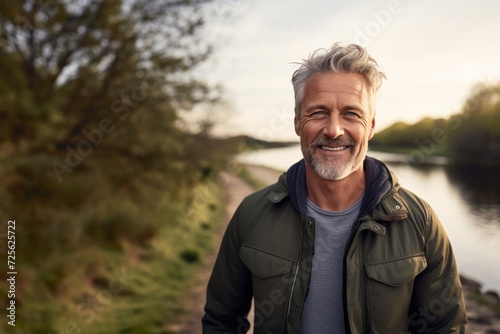 Man in his 50s who exudes happiness and a sense of feeling truly alive in a beautiful natural park near a lake, genuine smile on his face, relaxed and confident, male who found joy and contentment