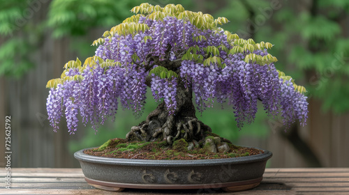 A small wisteria bonsai tree with vibrant purple flowers elegantly placed in a pot, showcasing the art of bonsai cultivation.