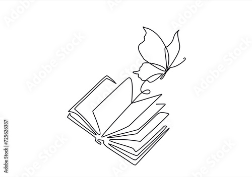 Continuous one line drawing of open book with flying butterfly. Vector illustration on white background.