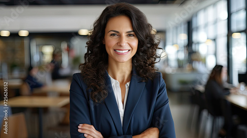 A smart and smiling beautiful confident business woman smiles at the camera with crossed arms and formal wear against a modern office background created with Generative AI Technology photo
