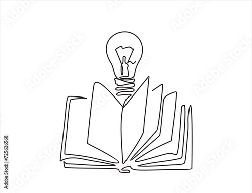 Light bulb above book continuous one line art drawing. Line drawing open book with lamp idea symbol. School education concept. Vector illustration isolated on white.
