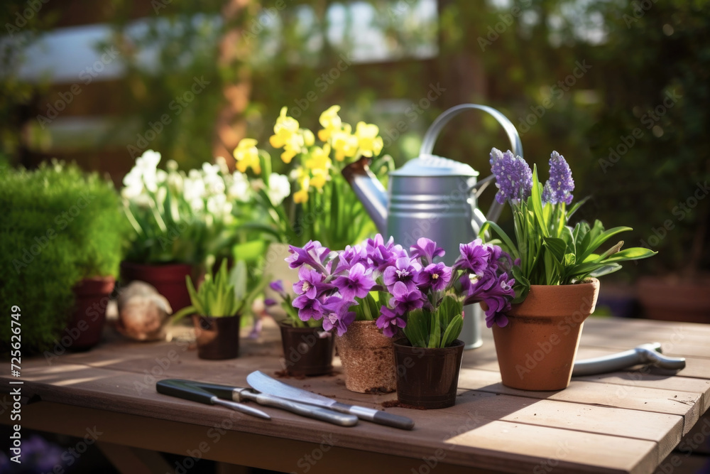 Obraz premium Spring gardening, gardening tools and flowers in the garden