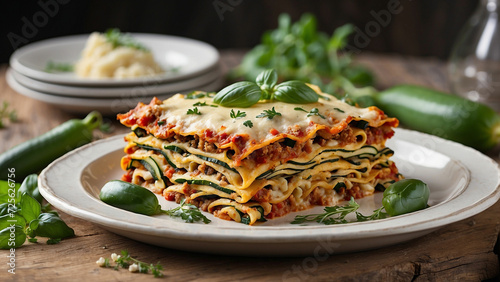  Zucchini Lasagna graces a traditional plate set on a rustic wooden table with visual details that make this dish a comforting and visually appealing culinary experience