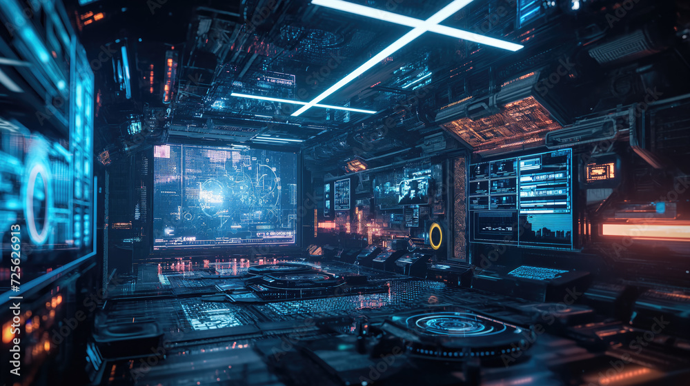 Futuristic technology control room, advanced concept for designers and engineers Futuristic technology control room, advanced concept for designers and engineers