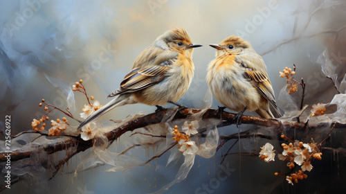 Sepia textured vintage paper with charcoal drawing of two beautiful chirping song birds standing on a flower tree branch enjoying the warmth of togetherness created with Generative AI Technology © AstraNova