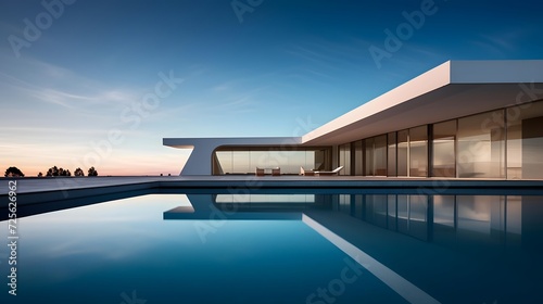Swimming pool in a modern house at sunset. Panorama.