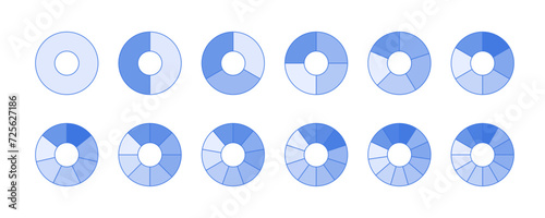 Fractions pie divided for math. Pie chart circle template. Segment slice set from 1 to 12 . PNG