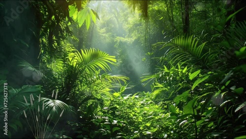 Mystical Forest Serenity, Green Trees, Sunlight, and Mist with Round Light Animation - 4K Motion Graphic Looping Video Background and Wallpaper