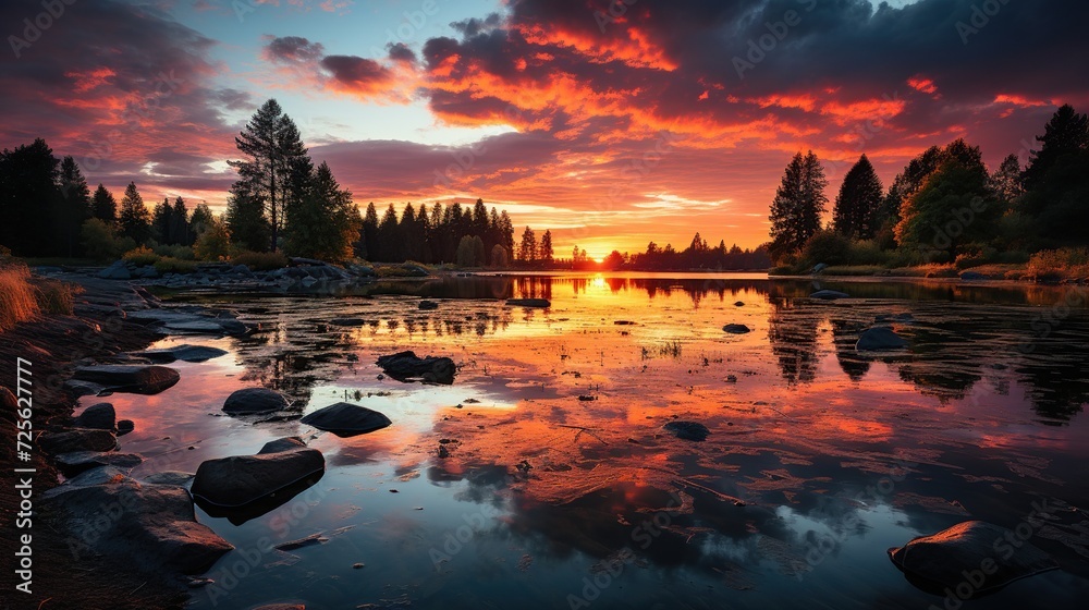 Fototapeta premium Panoramic sunrise over the lake