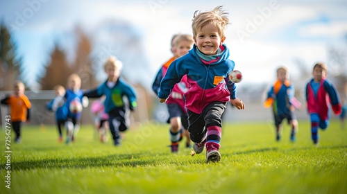 Happy boys chasing soccer ball on grass field during kids football training scene
