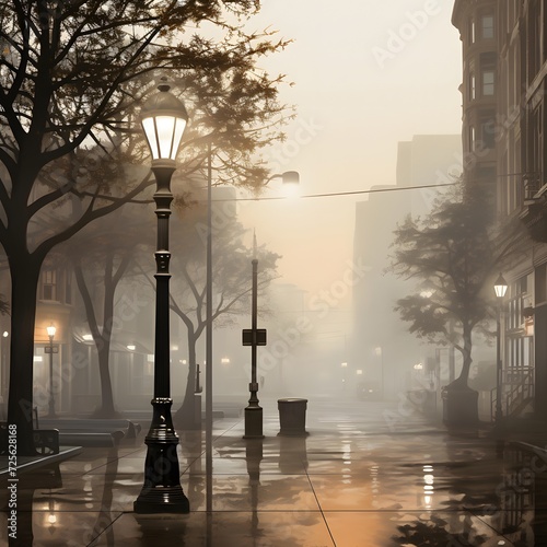 street lamp in the foggy morning in the city of Madrid, Spain