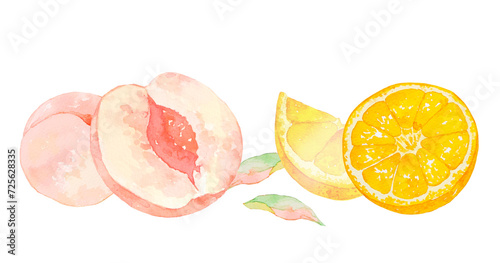 水彩で描いたカラフルなフルーツのイラスト,オレンジ,桃,ジューシーでおいしそうな