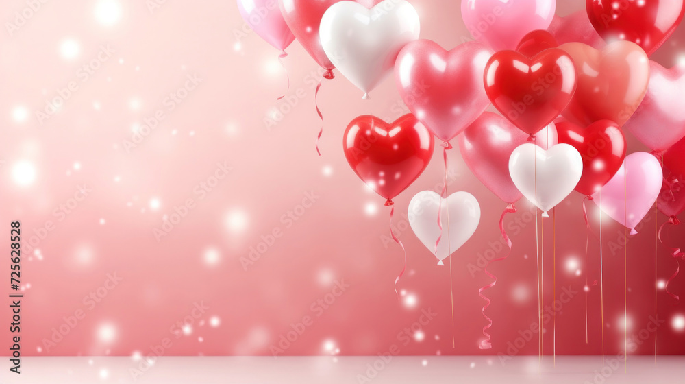 Festive romantic valentine background with bright red heart shaped balloons on blurred background