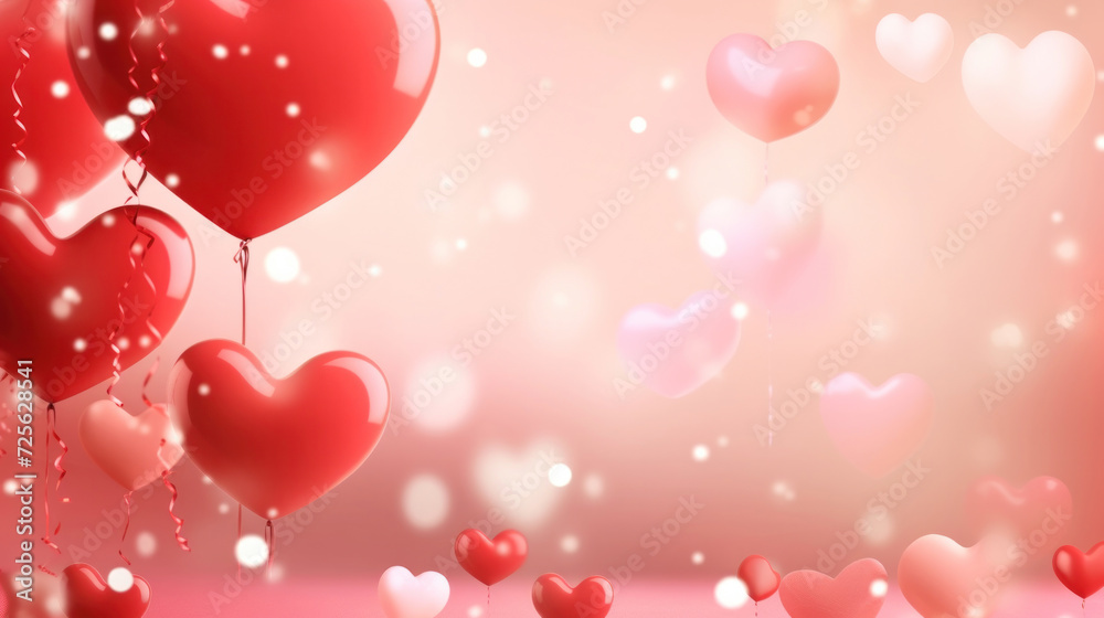 Festive romantic valentine background with bright red heart shaped balloons on blurred background