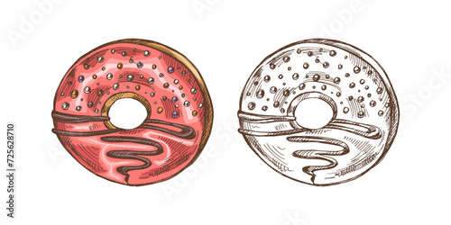 Hand-drawn colored and monochrome sketches of donut. Vintage illustration. Pastry sweets, dessert. Element for the design of labels, packaging and postcards.