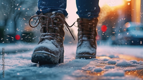  Close-up photo of winter boots on a snowy sidewalk