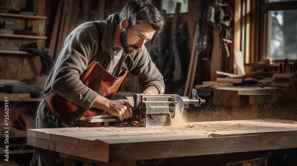 The young carpenter looks like a skilled professional. Happy to work on furniture. The carpenter in the woodworking room looks like a skilled professional. Generative AI