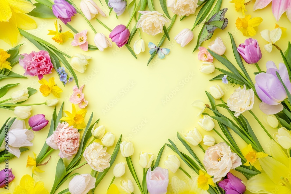 Floral yellow pink spring Easter heart frame with copy space on yellow background