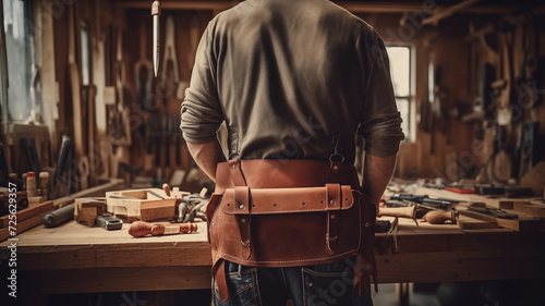 back view Really skilled young professional carpenter standing happy doing carpentry furniture work in Generative AI woodworking workshop.