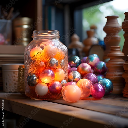 Colorful balls in a glass jar on a shelf in the kitchen