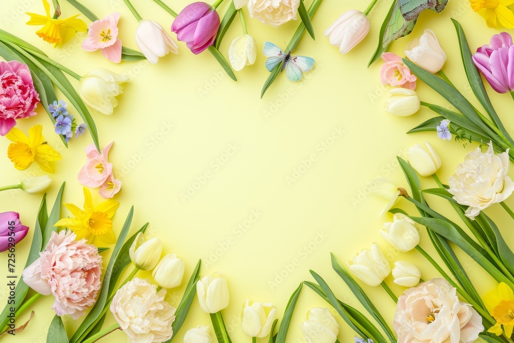 A heart-shaped arrangement of flowers is displayed on a vibrant yellow background.