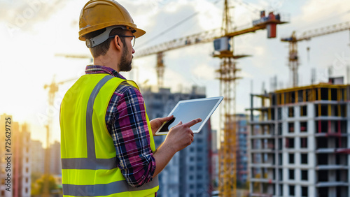 A foreman standing on the roof on construction site with cranes, using his tablet