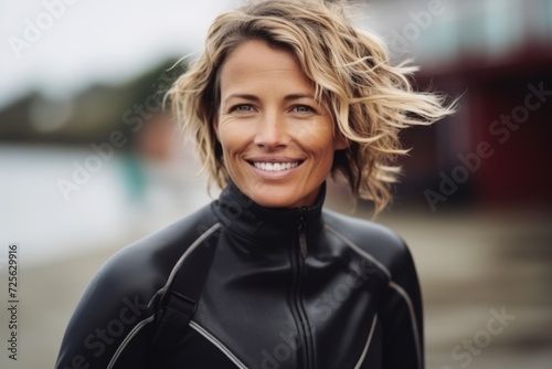 Portrait of a beautiful woman in wetsuit smiling at camera