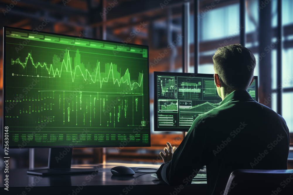 Close-up image, analyzing data Of young businessmen working. Using computers together in the office. Investors. Stock market.Generative AI Close-up image, analyzing data Of young businessmen working. Using computers together in the office. Investors. Stock market.Generative AI