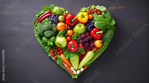 Heart Shaped Wooden Box with nutritious food composition for health , cholesterol diet, clean fruit and vegetables created with Generative AI Technology