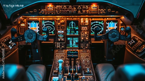 Pilot flying an airplane cockpit interior with control panel, dashboard, and seats in evening