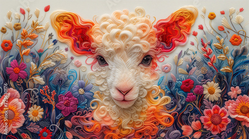 Easter lamb, bright colored embroidery, pure white background, professional quality