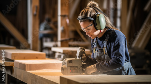 professional female carpenter Really skilled man standing happily using tools to do furniture making, carpentry work in Generative AI woodworking room.