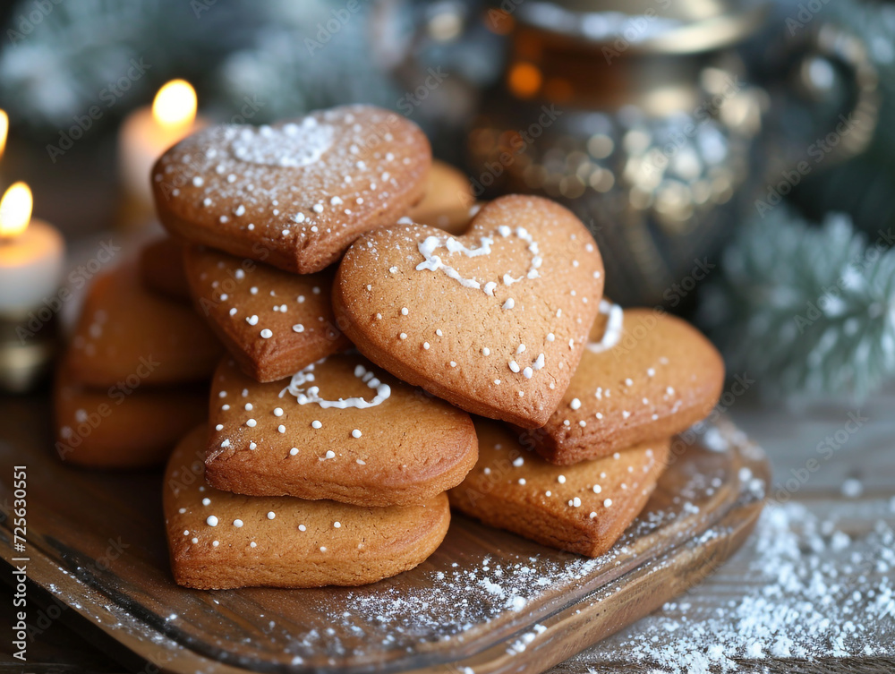 Traditional gingerbread heart cookies whose surface is decorated with decorations from icing.