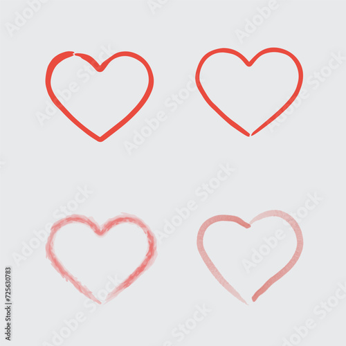 Set of watercolor and ink vector hearts isolated on white background. Hand drawn hearts painted with brush. Grunge rough ink stroke. Decorative design elements for Valentine's Day.