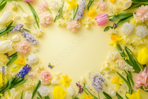 Floral spring heart frame with copy space on yellow background. 